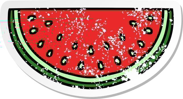 distressed sticker of a quirky hand drawn cartoon watermelon vector