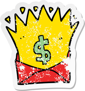 distressed sticker of a cartoon envelope with money sign vector