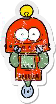 distressed sticker of a happy carton robot with light bulb vector