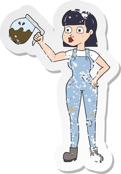 retro distressed sticker of a cartoon woman in dungarees with coffee vector