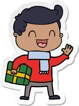 sticker of a cartoon laughing man holding gift vector