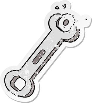 distressed sticker of a cartoon spanner turning nut vector