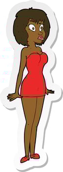 sticker of a cartoon surprised woman in short dress vector