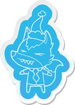 angry wolf boss cartoon  sticker of a wearing santa hat vector