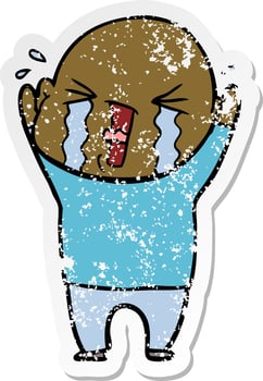 distressed sticker of a cartoon crying bald man vector