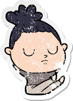 distressed sticker of a cartoon calm woman vector