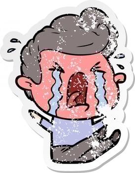 distressed sticker of a cartoon crying man vector