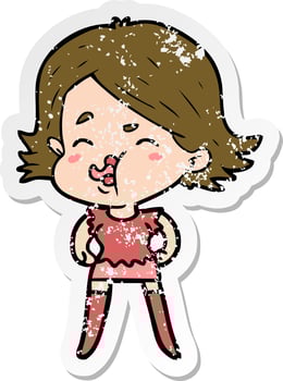 distressed sticker of a cartoon girl pulling face vector