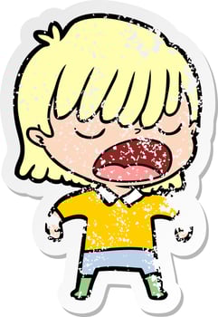 distressed sticker of a cartoon woman talking loudly vector