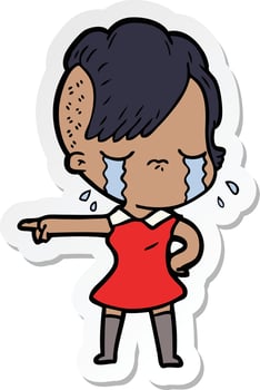 sticker of a cartoon crying girl pointing vector