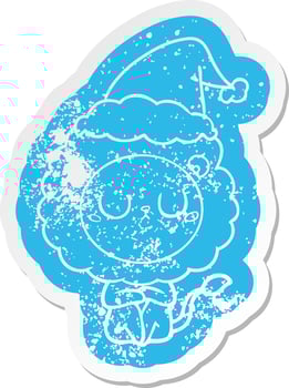cartoon distressed sticker of a lion wearing santa hat vector