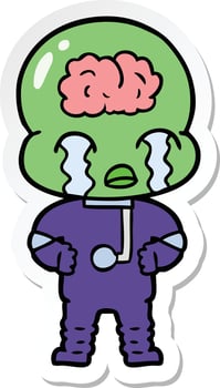 sticker of a cartoon big brain alien crying vector