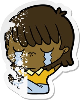 distressed sticker of a cartoon woman crying vector