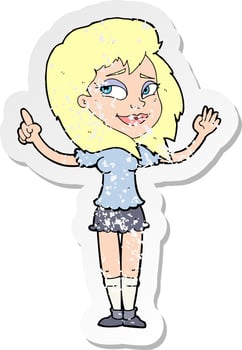 retro distressed sticker of a cartoon woman with idea vector