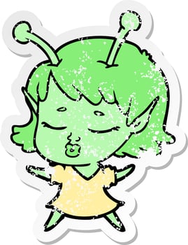 distressed sticker of a cute alien girl cartoon vector