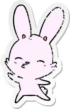 distressed sticker of a curious waving bunny cartoon vector