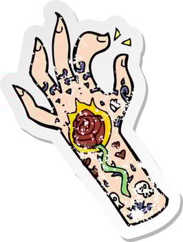 retro distressed sticker of a cartoon tattoo hand vector