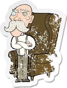 retro distressed sticker of a cartoon old man and chair vector