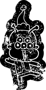 happy cartoon distressed icon of a alien dancing wearing santa hat vector