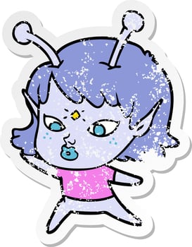 distressed sticker of a pretty cartoon alien girl vector