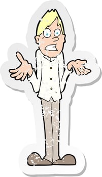 retro distressed sticker of a cartoon man shrugging shoulders vector
