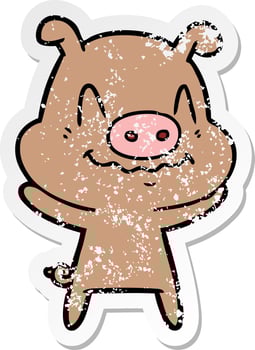 distressed sticker of a nervous cartoon pig vector