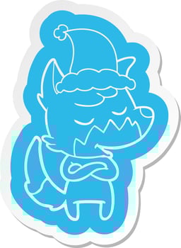 friendly cartoon  sticker of a fox wearing santa hat vector