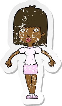 retro distressed sticker of a cartoon woman shrugging shoulders vector