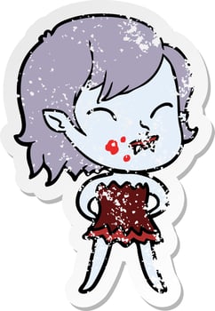 distressed sticker of a cartoon vampire girl with blood on cheek vector