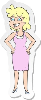 sticker of a cartoon happy woman wearing dress vector