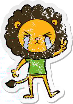 distressed sticker of a cartoon crying lion giving peace sign vector