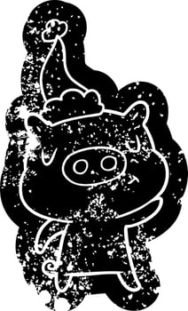 cartoon distressed icon of a content pig wearing santa hat vector