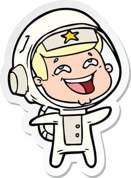 sticker of a cartoon laughing astronaut vector
