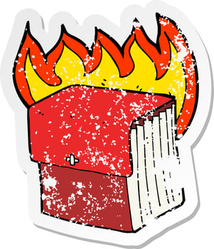 retro distressed sticker of a cartoon burning business files vector