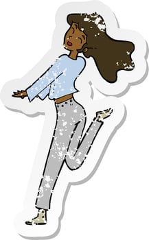 retro distressed sticker of a cartoon happy girl kicking out leg vector