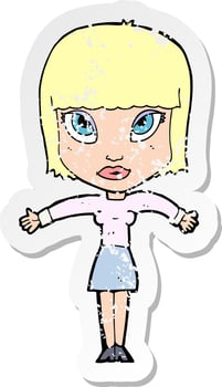 retro distressed sticker of a cartoon woman shrugging vector