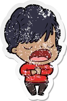 distressed sticker of a cartoon woman talking vector