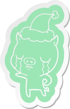 cartoon  sticker of a pig crying wearing santa hat vector