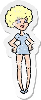 retro distressed sticker of a cartoon happy woman with hands on hips vector