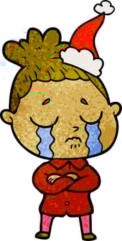 textured cartoon of a crying woman wearing santa hat vector