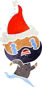 retro cartoon of a bearded man crying wearing santa hat vector