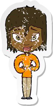 retro distressed sticker of a cartoon satisfied woman vector