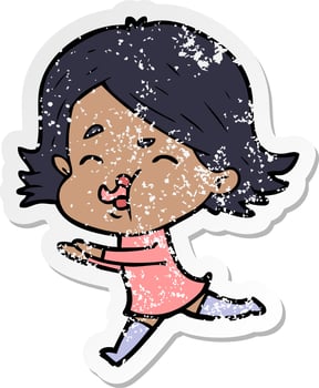 distressed sticker of a cartoon girl pulling face vector