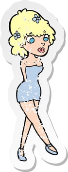 retro distressed sticker of a cartoon woman posing in dress vector