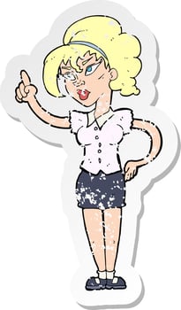 retro distressed sticker of a cartoon woman with idea vector