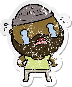 distressed sticker of a cartoon bearded man crying vector