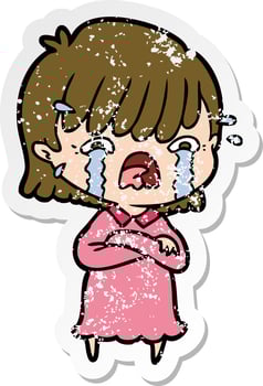 distressed sticker of a cartoon girl crying vector