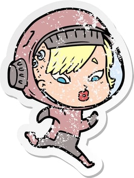 distressed sticker of a cartoon astronaut woman vector