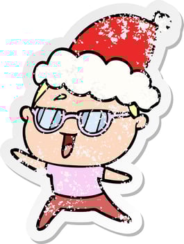 distressed sticker cartoon of a happy woman wearing spectacles wearing santa hat vector