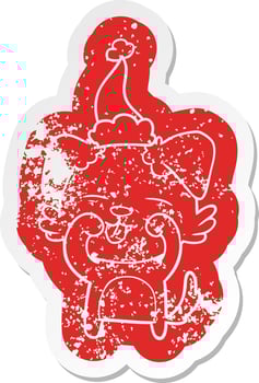 cartoon distressed sticker of a dog rubbing eyes wearing santa hat vector